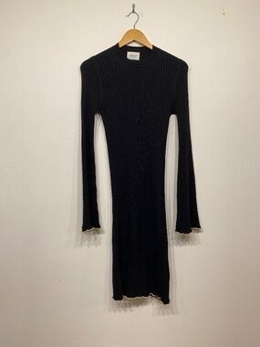 Dondup Black Ribbed Knit Bell Sleeve Mini‎ Dress Gold Whimsygoth Trim High Neck